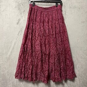 Vintage Sue Brett Small Burgundy Floral Lace Tiered Midi Skirt Boho Romantic